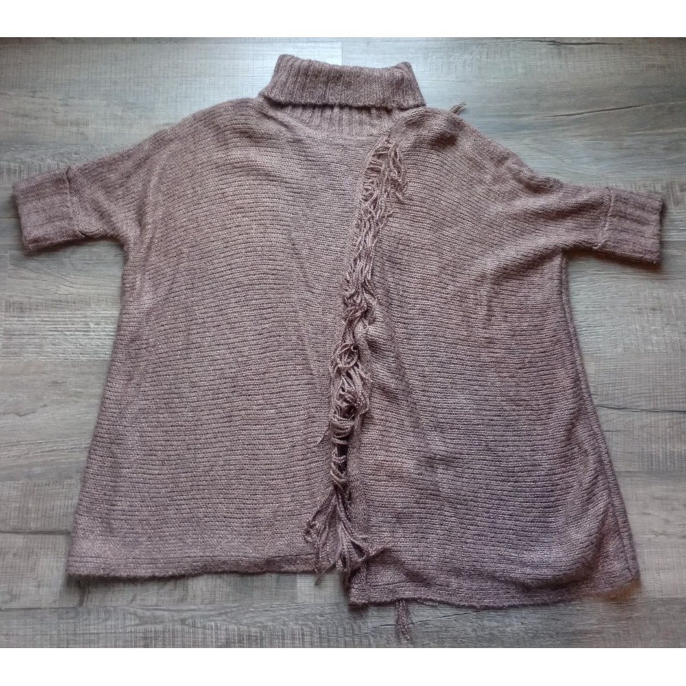 Nine West Jeans Women's Size Small Light Brown Poncho Sweater Turtleneck Fringe